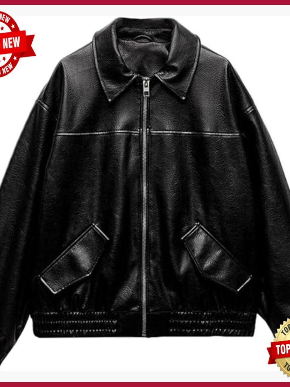 Faux Leather Bomber Jacket Long Sleeve Zipper Casual Biker Coat